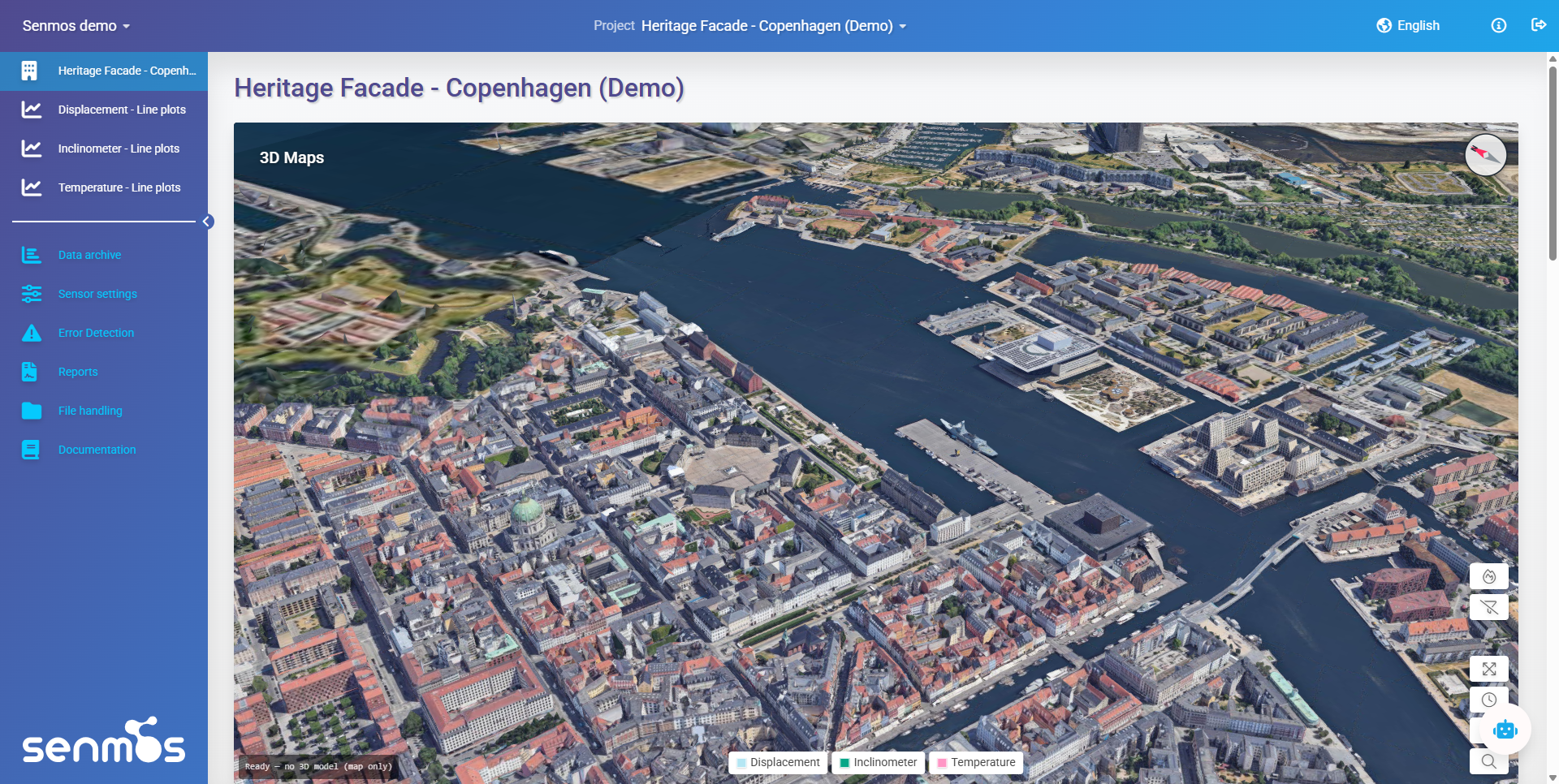 A monitored heritage building on a 3D map of central Copenhagen in Senmos, with displacement, inclinometer and temperature sensor types listed