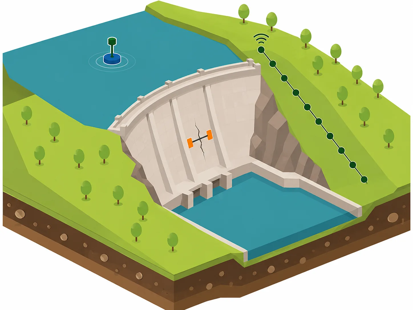 Isometric cutaway of an arch dam showing a reservoir water level gauge, a crack meter spanning a joint on the downstream face, and a wireless chain of inclinometers down the abutment slope