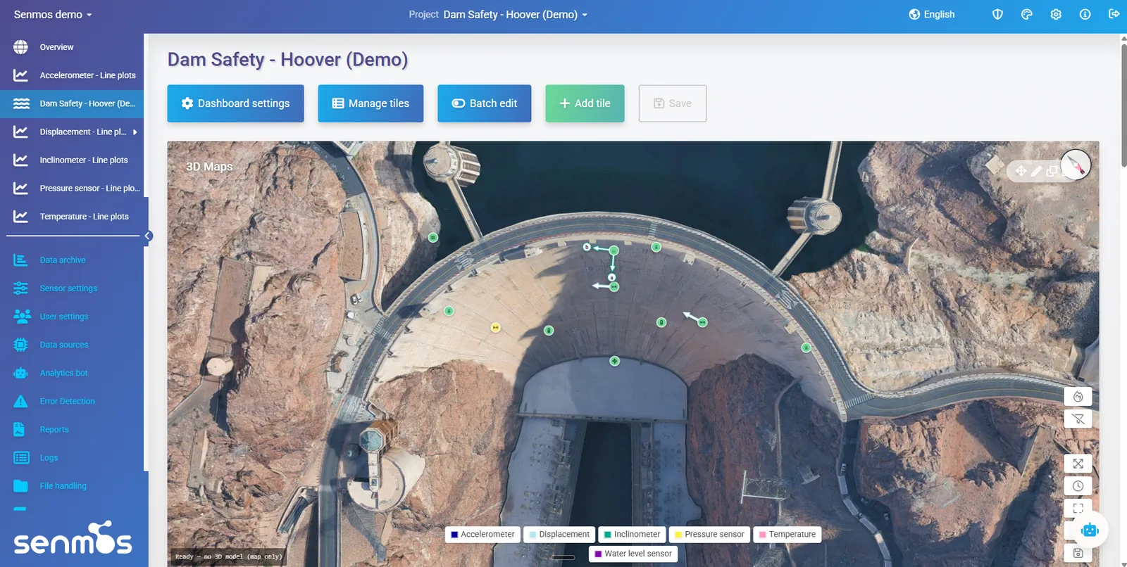 Close 3D map view of the dam crest in Senmos showing sensor pins and displacement direction arrows across the arch