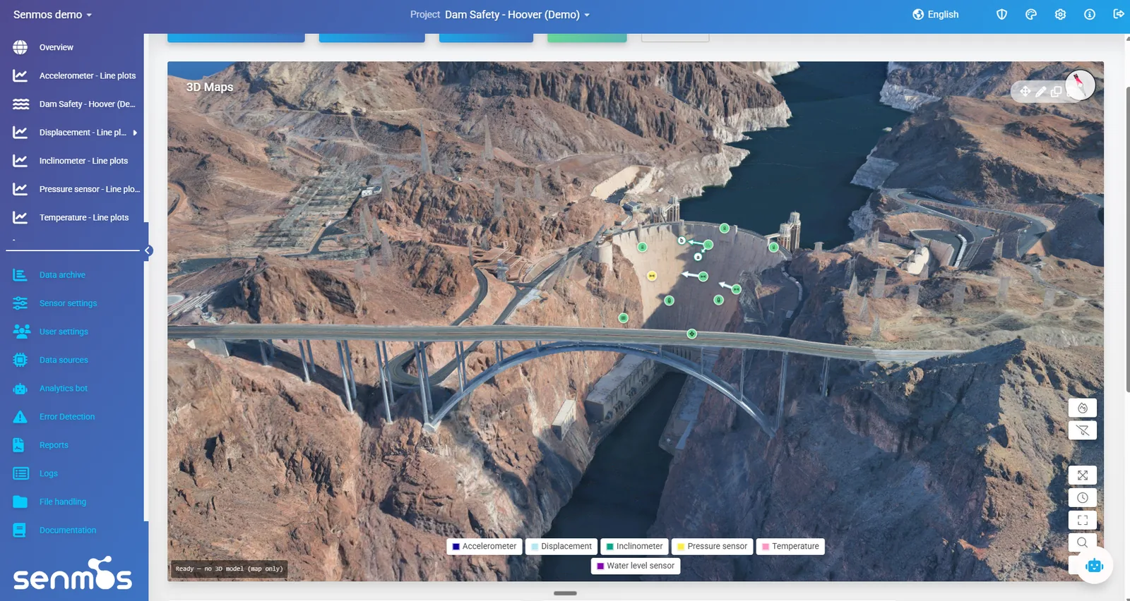 A dam on a 3D map in Senmos with accelerometer, displacement, inclinometer, pressure, temperature and water level sensors pinned across the structure and canyon